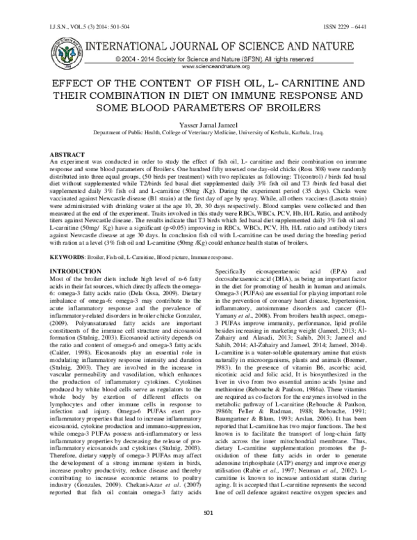 PDF) EFFECT OF THE CONTENT OF FISH OIL, L- CARNITINE AND THEIR COMBINATION  IN DIET ON IMMUNE RESPONSE AND SOME BLOOD PARAMETERS OF BROILERS