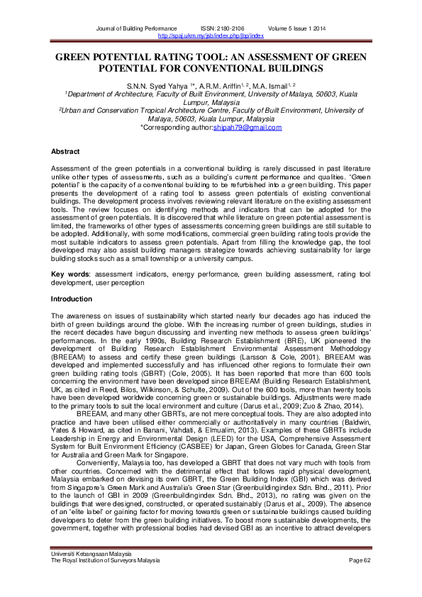 (PDF) GREEN POTENTIAL RATING TOOL: AN ASSESSMENT OF GREEN POTENTIAL FOR ...