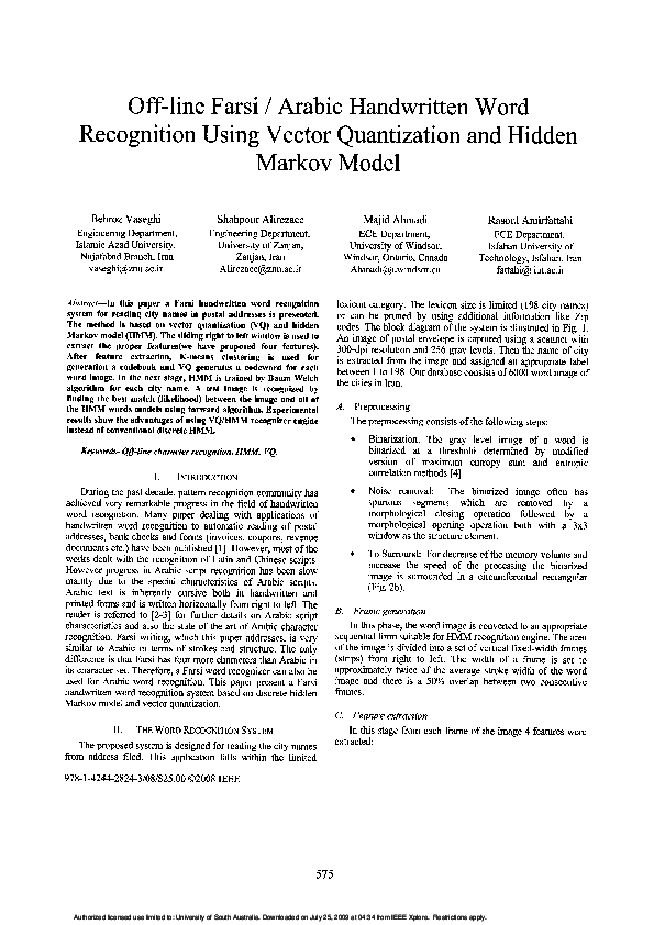 (PDF) Off-line Farsi / Arabic Handwritten Word Recognition Using Vector ...