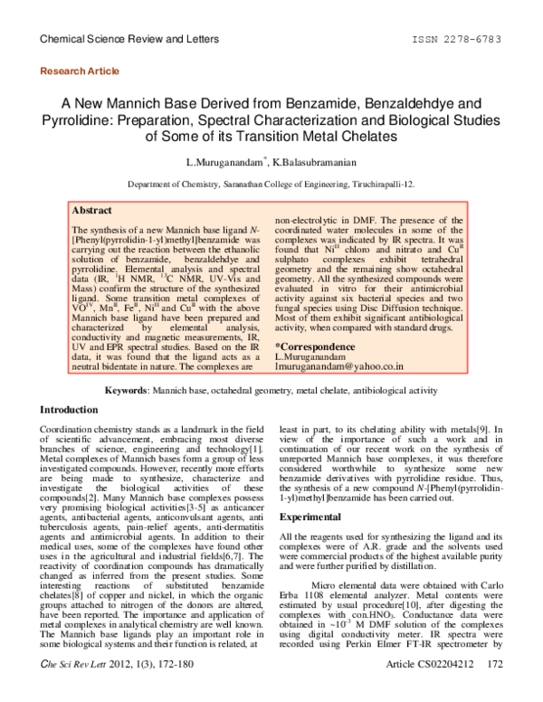 (PDF) Chemical Science Review and Letters A New Mannich Base Derived ...