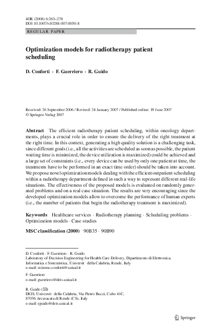 (PDF) Optimization models for radiotherapy patient scheduling