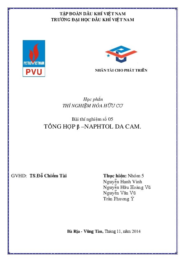 First page of “BÁO CÁO HÓA HỮU CƠ: ĐIỀU CHẾ 2-NAPHTHOL DA CAM”