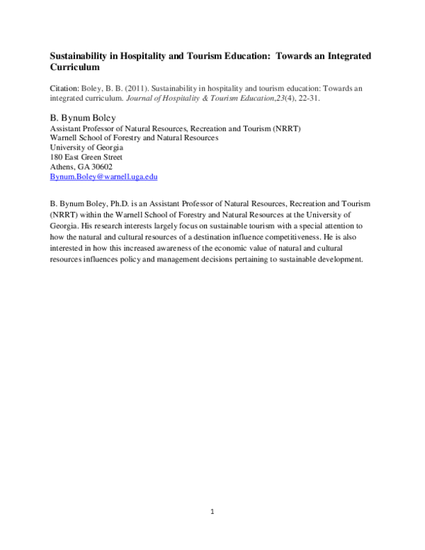 (PDF) Sustainability in hospitality and tourism education: Towards an ...