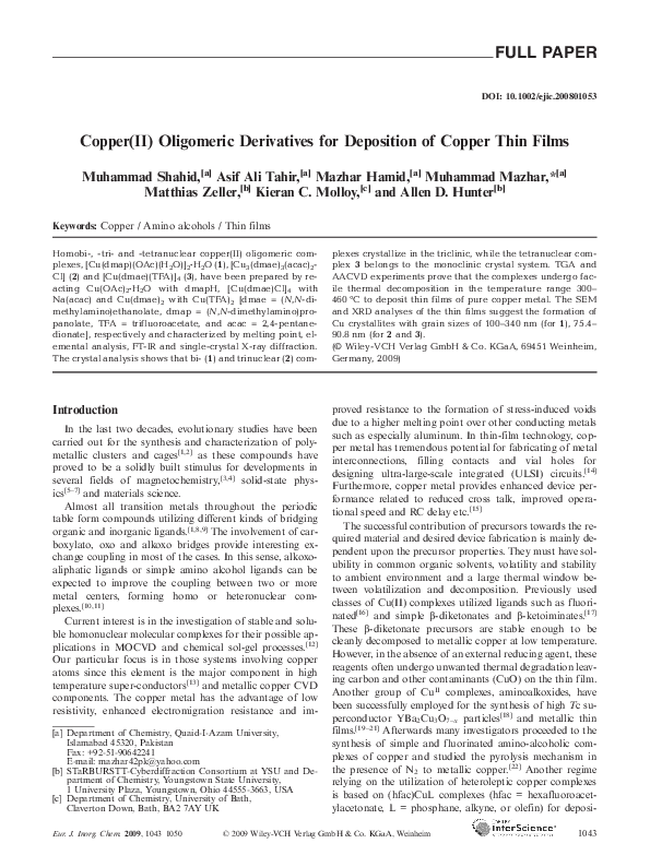 (PDF) Copper(II) Oligomeric Derivatives for Deposition of Copper Thin Films