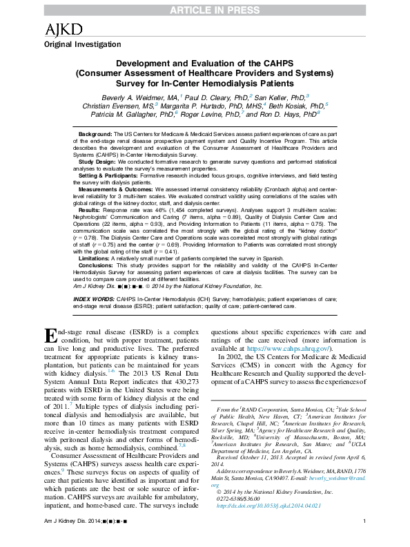 Pdf Original Investigation Development And Evaluation Of The Cahps