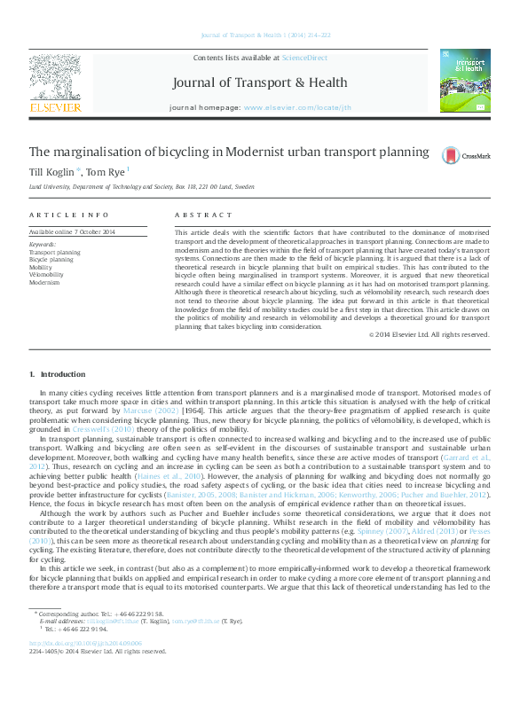 The marginalisation of bicycling in Modernist urban transport planning