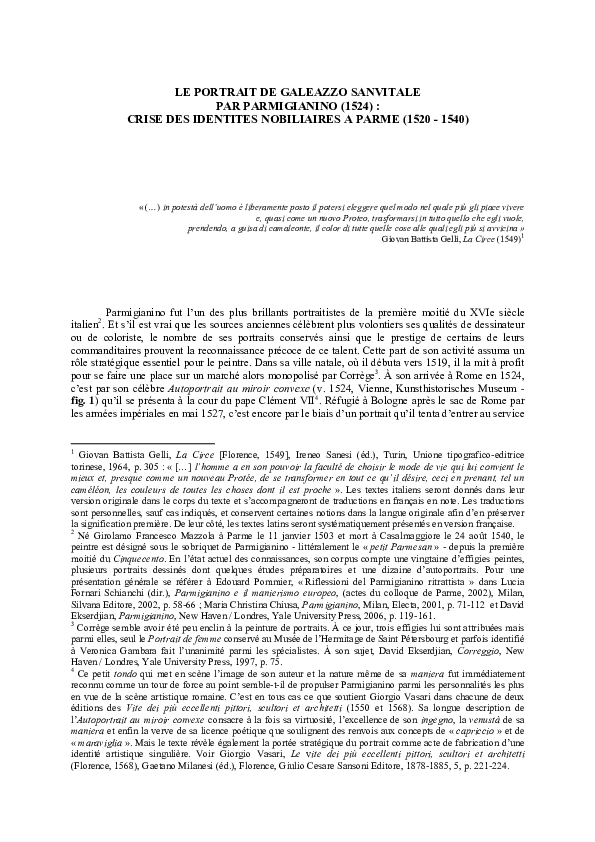 Le portrait de Galeazzo Sanvitale par Parmigianino (1524) : crise des identités nobiliaires à Parme (1520 - 1540)