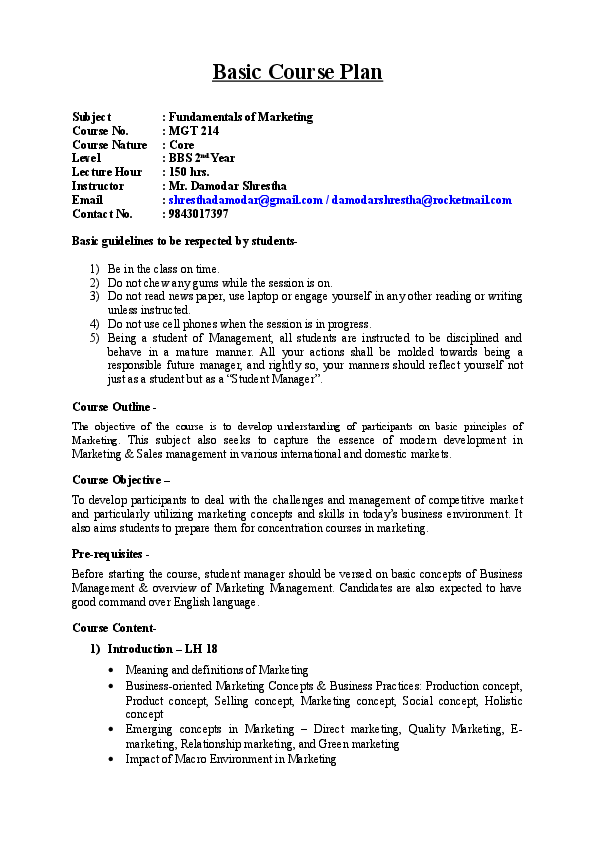 fundamentals of marketing course plan damodar shrestha academia edu basic marketing concepts