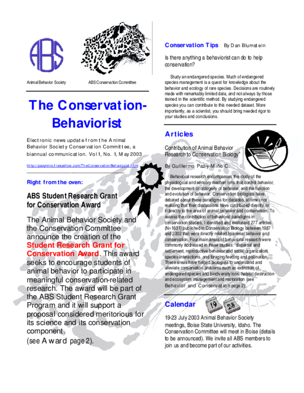 The Conservation Behaviorist Vol 1, No 1 Animal Behavior Society
