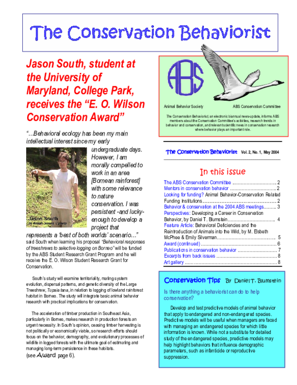 The Conservation Behaviorist Vol 2, No 1 Animal Behavior Society