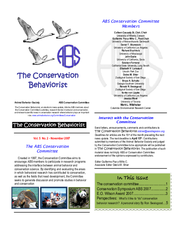 The Conservation Behaviorist Vol 5, No. 2 Animal Behavior Society