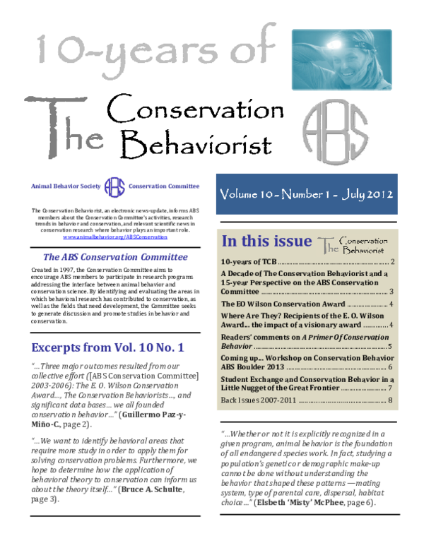 The Conservation Behaviorist Vol 10, No. 1 Animal Behavior Society
