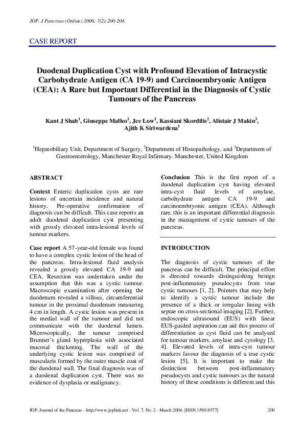(PDF) Duodenal Duplication Cyst with Profound Elevation of Intracystic Carbohydrate Antigen (CA