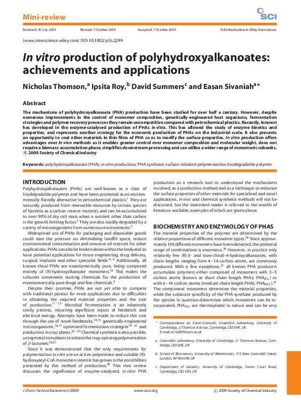 (PDF) In vitro production of polyhydroxyalkanoates: achievements and ...