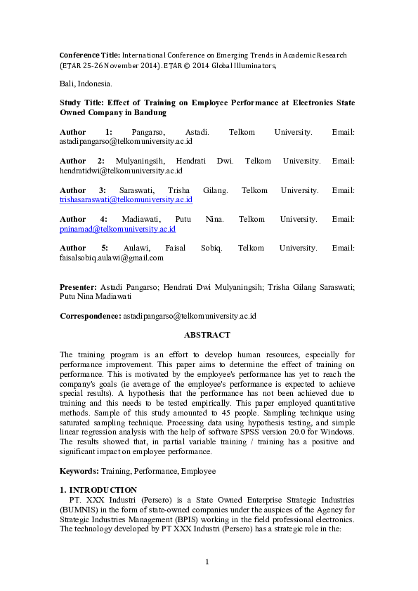 (PDF) Effect of Training on Employee Performance at Electronics State ...