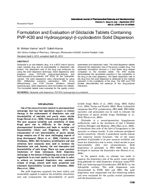(PDF) Formulation and Evaluation of Gliclazide Tablets Containing PVP ...