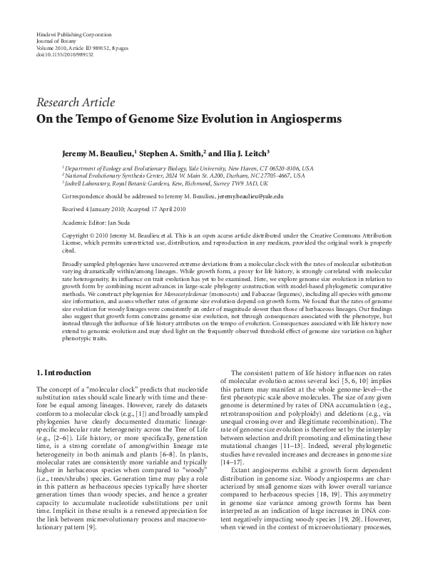 (PDF) On the tempo of genome size evolution in angiosperms