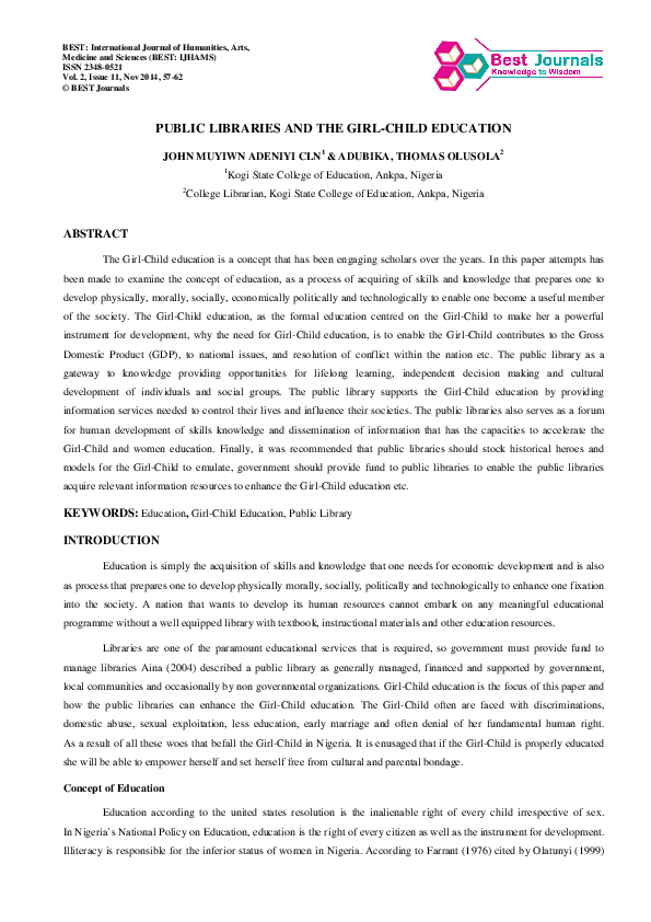 (PDF) PUBLIC LIBRARIES AND THE GIRLCHILD EDUCATION BEST Journals