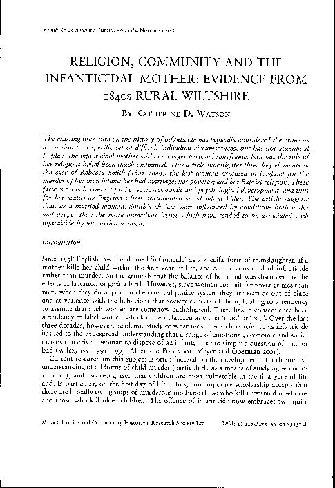 Religion, Community and the Infanticidal Mother: Evidence from 1840s Rural Wiltshire