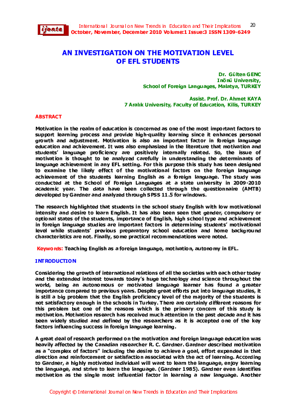 (PDF) AN INVESTIGATION ON THE MOTIVATION LEVEL OF EFL STUDENTS