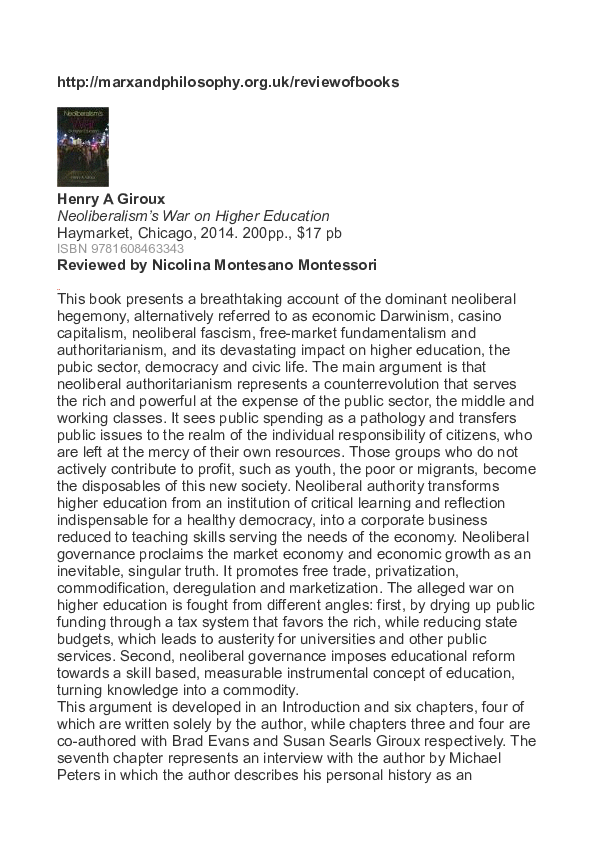 (PDF) Review on Giroux, H. Neoliberalism's War on Higher Education