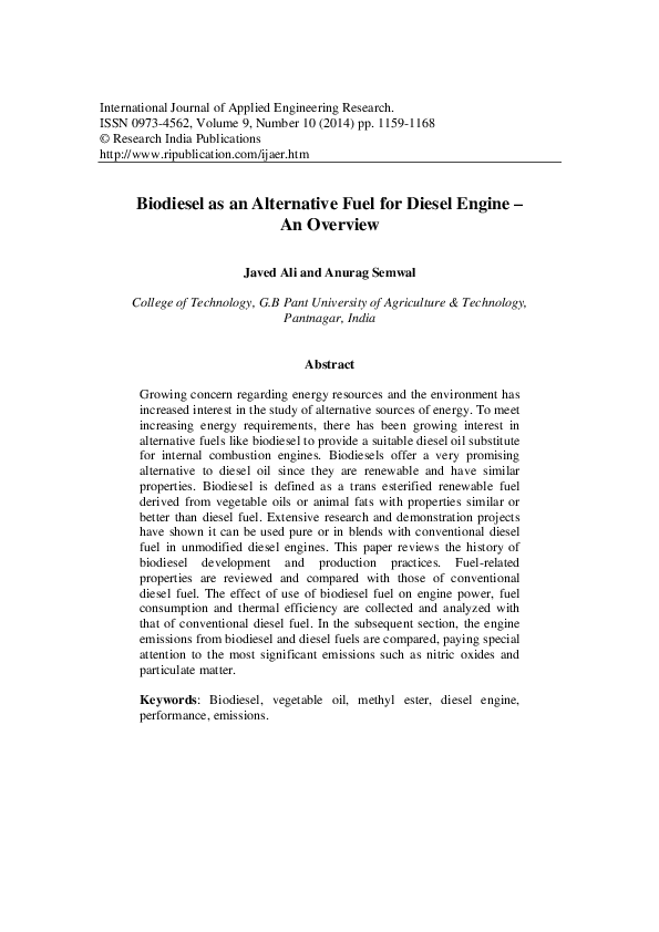 Pdf Biodiesel As An Alternative Fuel For Diesel Engine An Overview