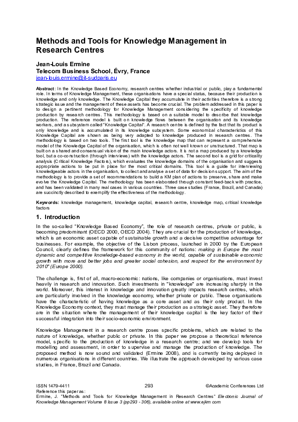 (PDF) Methods and Tools for Knowledge Management in Research Centres