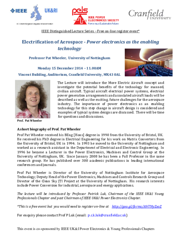 (PDF) IEEE Distinguished Lecture Electrification of Aerospace Power