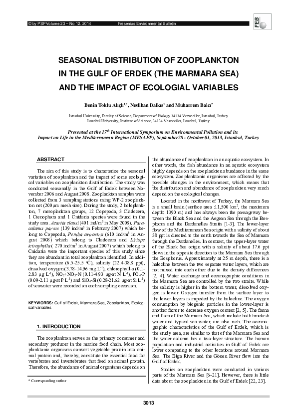 (PDF) SEASONAL DISTRIBUTION OF ZOOPLANKTON IN THE GULF OF ERDEK (THE ...