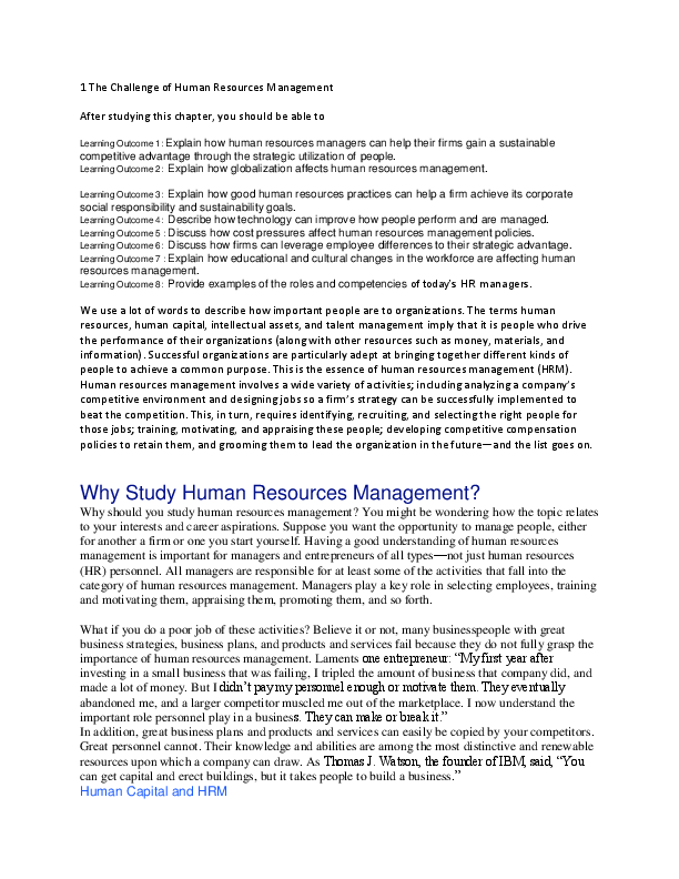 (DOC) The Challenge of Human Resources Management After studying this ...