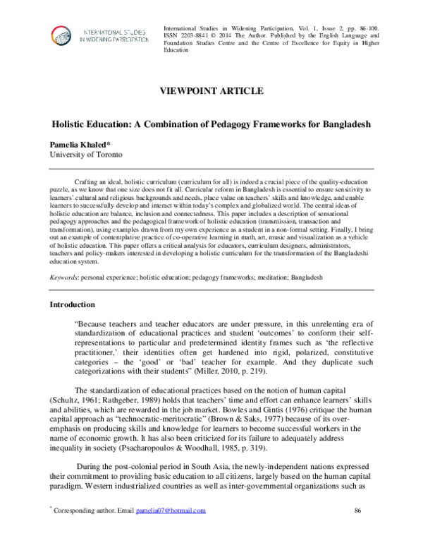 (PDF) Holistic Education A Combination of Pedagogy Frameworks for