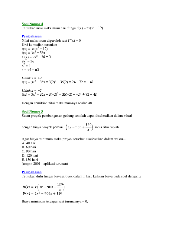 24++ Contoh Soal Turunan Fungsi Nilai Maksimum Dan Minimum 24++ Contoh Soal Turunan Fungsi Nilai Maksimum Dan Minimum
