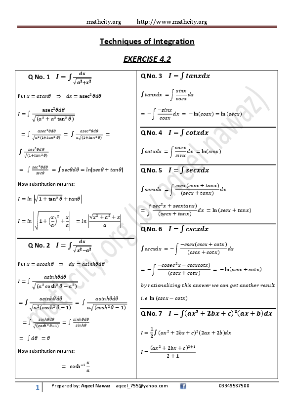 (PDF) Techniques of Integration EXERCISE 4.2