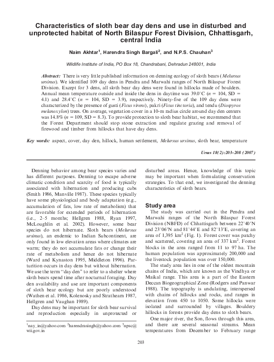 (PDF) Characteristics of Sloth Bear Day Dens and Use in Disturbed and