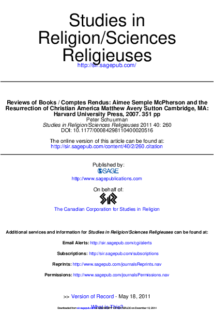 Pdf Review Of Matthew Sutton S Aimee Semple Mcpherson Peter J Schuurman Academia Edu