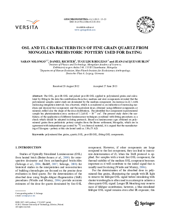  PDF OSL And TL Characteristics Of Fine Grain Quartz From Mongolian Prehistoric Pottery Used 