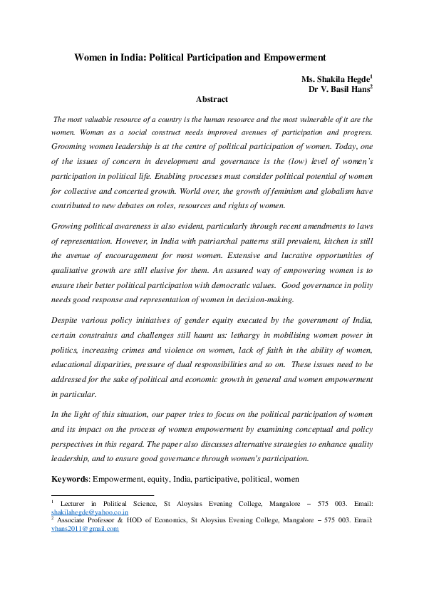 (DOC) Women in India: Political Participation and Empowerment