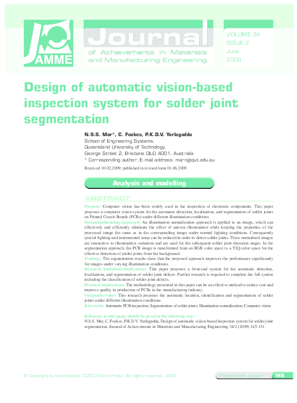 (PDF) Design of automatic vision-based inspection system for solder joint