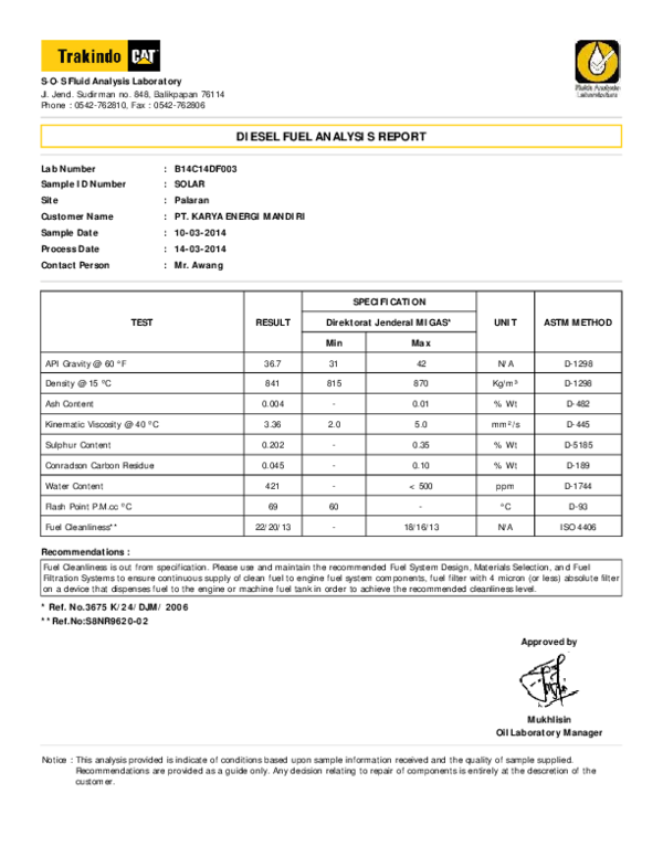 (PDF) S·O·S Fluid Analysis Laboratory DIESEL FUEL ANALYSIS REPORT