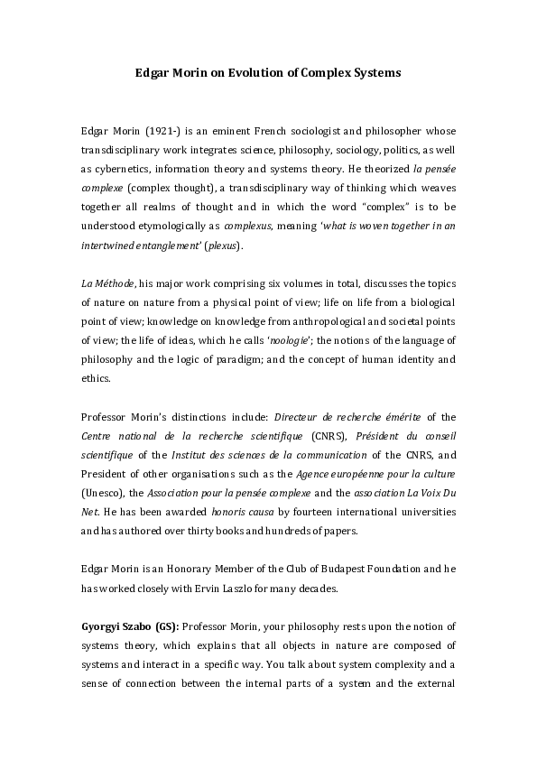 Doc Edgar Morin On Evolution Of Complex Systems Gyorgyi - 