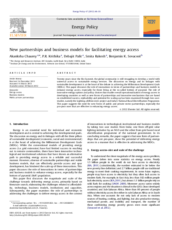 (PDF) New partnerships and business models for facilitating energy access