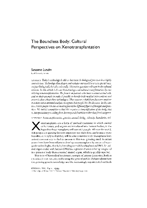 (PDF) The boundless body: Cultural perspectives on xenotransplantation