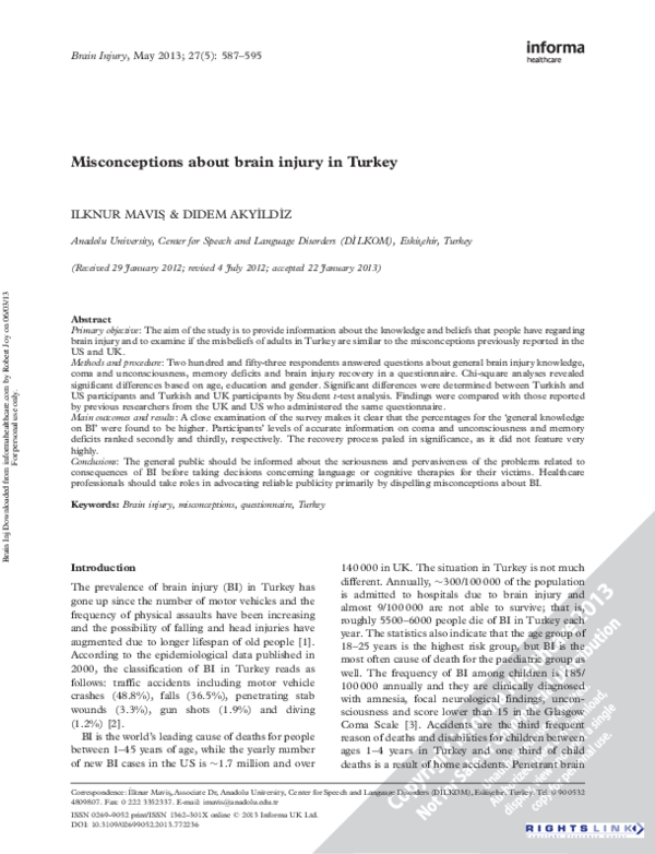 (PDF) Misconceptions about brain injury in Turkey