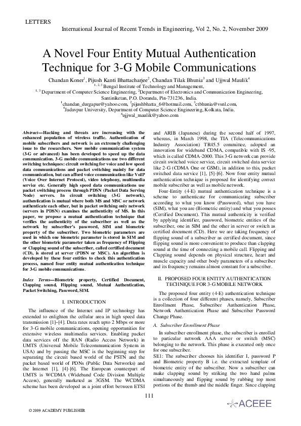 (PDF) A Novel Four Entity Mutual Authentication Technique for 3-G ...