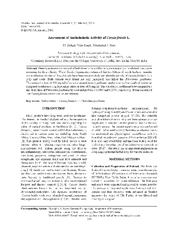 (PDF) Assessment of anthelmintic activity of Cassia fistula L