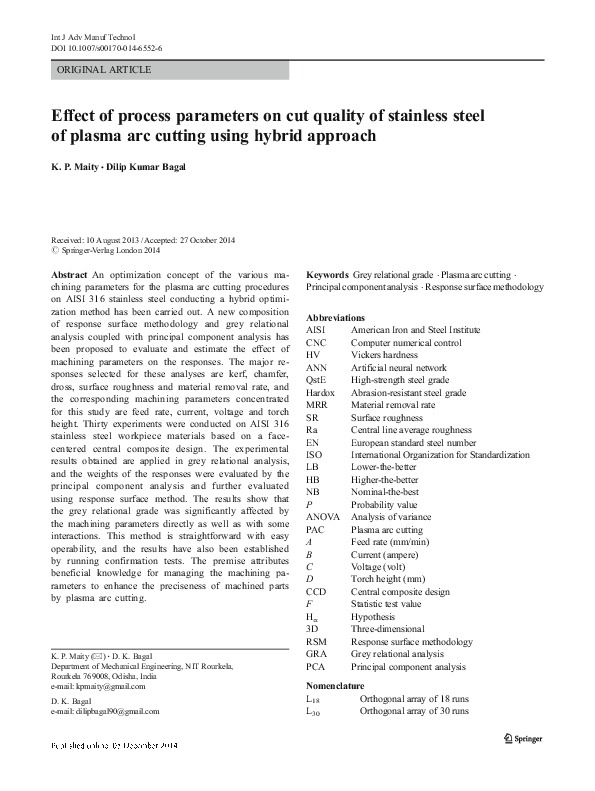 (PDF) Effect of process parameters on cut quality of stainless steel of
