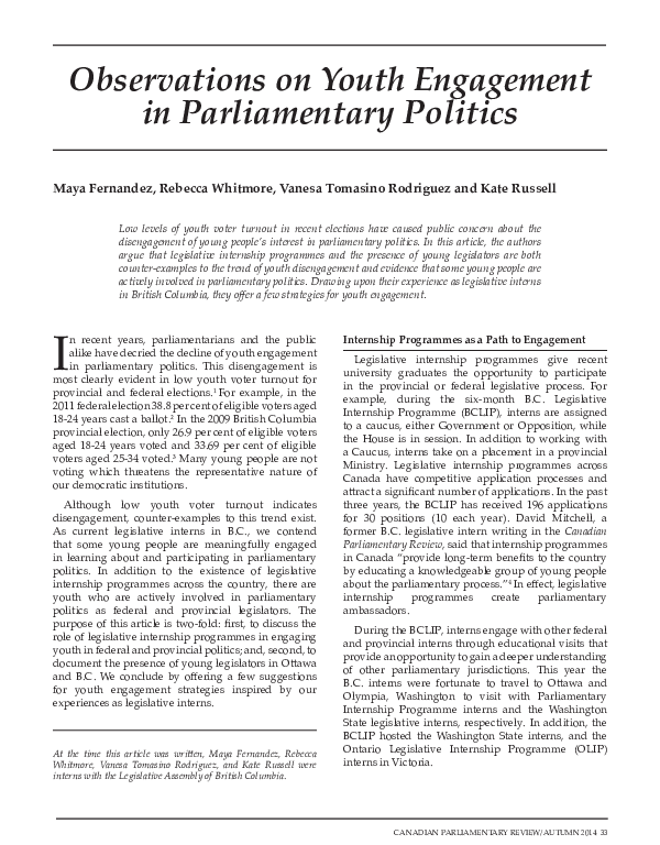 (PDF) Observations on Youth Engagement in Parliamentary Politics