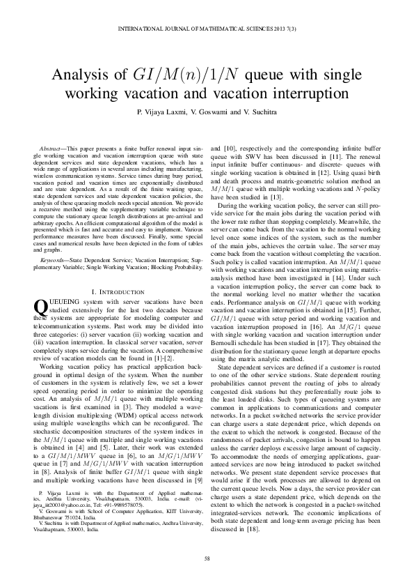(PDF) Analysis of GI/M (n)/1/N queue with single working vacation and ...