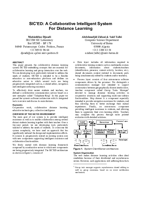 (PDF) SIC'ED: A Collaborative Intelligent System For Distance Learning