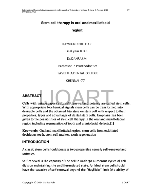 (PDF) Stem cell therapy in oral and maxillofacial region